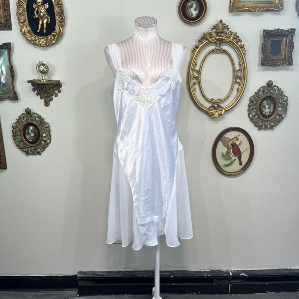 Vintage White Satin Lace Slip Dress – Sheer Overlay Romantic Lingerie Nightgown